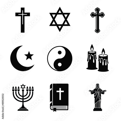 Collection of religious symbols including crosses, star of david, crescent moon, yin yang, candles, menorah, bible, and jesus statue. isolated on white background, Vector, illustration
