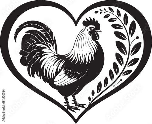Rooster in Heart Silhouette: A stylized illustration of a proud rooster, framed within a heart, symbolizing love, strength, and the beauty of nature.