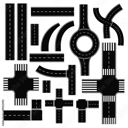 Collection of diverse road junction icons, including roundabouts, intersections, and straight sections with markings isolated on white background, Vector, illustration