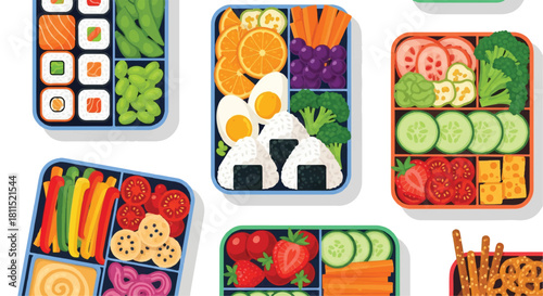 Vibrant 2D flat design illustration of diverse healthy lunchboxes featuring fresh fruits, vegetables, rice, eggs, and snacks arranged neatly on a pure white background for nutritious eating.