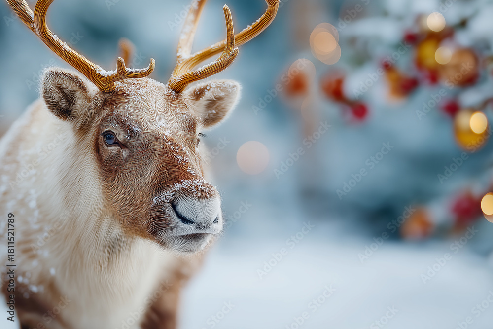 Fototapeta premium Majestic Reindeer with Glowing Golden Antlers in Snowy Forest