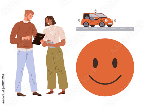 Two professionals collaborating on ideas alongside an autonomous car illustration and a bright happy face. Ideal for teamwork, innovation, technology, positivity, collaboration, self-driving