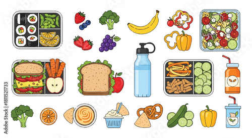A collection of colorful, healthy lunchbox meals and balanced snack foods displayed as a vibrant 2D flat vector illustration set on an isolated white background.