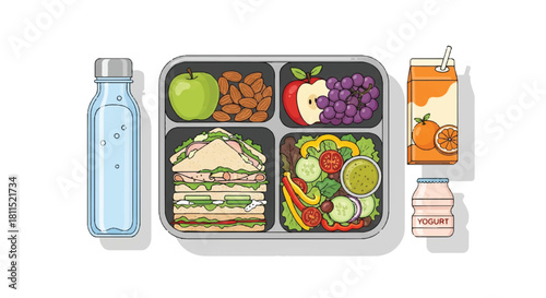 Healthy lunchbox meal set in 2D flat design illustration featuring fresh sandwiches, colorful salads, drinks, and nutritious snack foods neatly displayed on a clean white background.