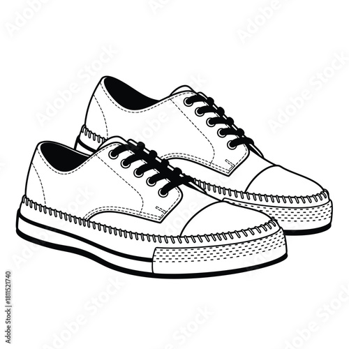 Stylish black and white line art illustration of two classic low-top sneakers with laces, isolated on white. isolated on white background, Vector, illustration