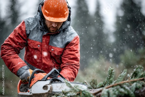 Lumberjack cutting logs with chainsaw in winter forest