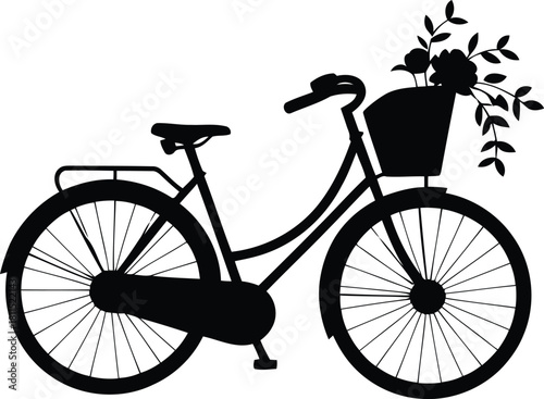 Silhouette of a vintage bicycle with a flower basket on the handlebars