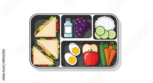 Healthy packed lunchbox set, rendered in a clean flat 2D vector illustration style, showcasing colorful sandwiches, fruits, vegetables, rice, eggs, and drinks isolated on a bright white background.