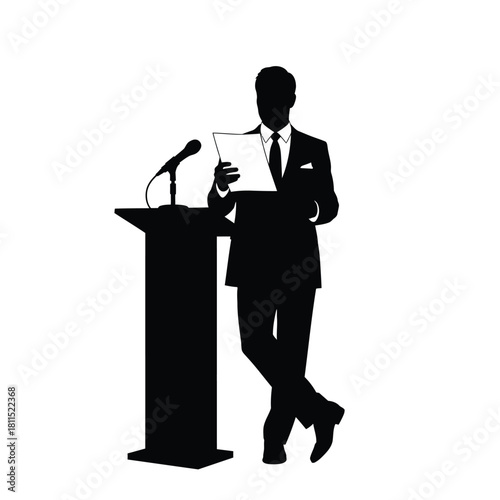 Silhouette of a businessman in a suit standing at a podium with a microphone, reading from a paper, isolated isolated on white background, Vector, illustration