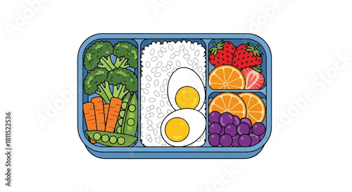 A healthy lunchbox arrangement featuring colorful fruits, cooked eggs, fluffy rice, and fresh vegetables is presented as a vibrant 2D flat vector illustration on a clean white background.