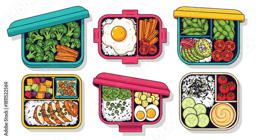 Vibrant and colorful packed lunch meals featuring rice bowls, hard-boiled eggs, fresh vegetables, and various healthy snack items displayed in flat 2D illustration style on a clean white background.