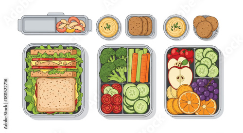 A collection of healthy meal lunchboxes featuring various fresh fruits, colorful vegetables, and tasty sandwiches, rendered in a clean 2D flat vector illustration style on a pure white background.