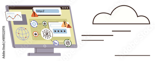 Computer screen filled with security icons, alerts, and online browser elements connected to a cloud symbol. Ideal for cybersecurity, online safety, technology, networking, data storage, digital