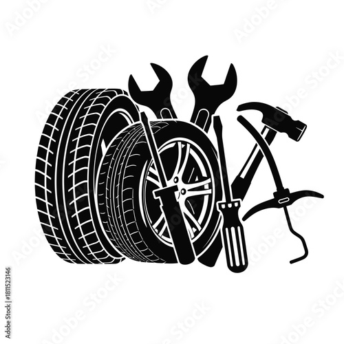 Car repair concept illustration with tire, wrenches, screwdrivers and hammer on white background isolated on white background, Vector, illustration