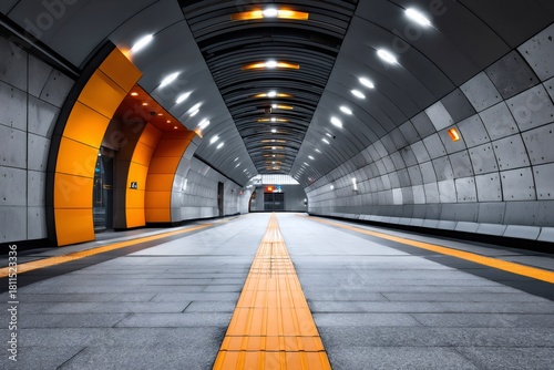 Empty subway station platform with modern architecture and orange accents