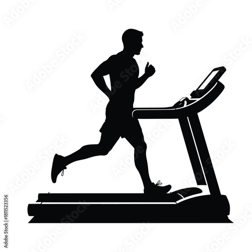 Silhouette of a man running on a treadmill, symbolizing fitness, exercise, and indoor cardio workout routines. isolated on white background, Vector, illustration