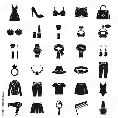Collection of fashion and beauty icons: clothing, accessories, makeup, and personal care items. vector silhouette. isolated on white background, Vector, illustration