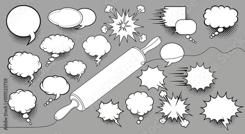 Vector collection of pop art comic book speech bubbles, explosive bursts, and a central rolling pin illustration