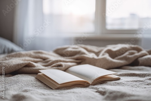 Open book rests on cozy bed, soft blanket drapes invitingly, sun
