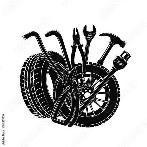 Automotive repair tools including wrench, hammer, pliers, tire levers, and car wheel isolated on white isolated on white background, Vector, illustration
