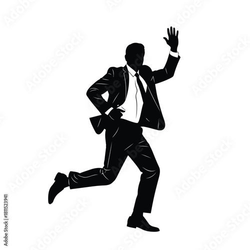 Silhouette of a businessman in a suit running with one hand raised in a wave, isolated on white. isolated on white background, Vector, illustration