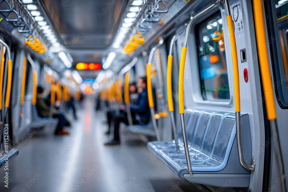 Obraz premium Subway train interior with empty seats and blurred passengers