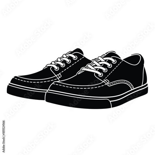 Stylized black silhouette of a pair of casual lace-up shoes, isolated on a white background, vector illustration. isolated on white background, Vector, illustration
