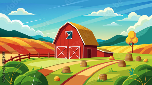 A red barn sits in a field with a road leading to it. The barn is surrounded by trees and grass, and there are several hay bales scattered throughout the scene