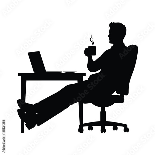 Silhouette of a man in an office chair at a desk, drinking coffee while using a laptop computer, isolated on white. isolated on white background, Vector, illustration