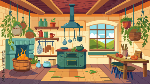 A cartoonish kitchen with a stove, oven, and sink. The kitchen is filled with plants and has a rustic feel