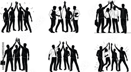 Business teamwork, high five silhouettes, group celebration, corporate success, office people, unity gesture, professional collaboration, energetic pose, black white illustration