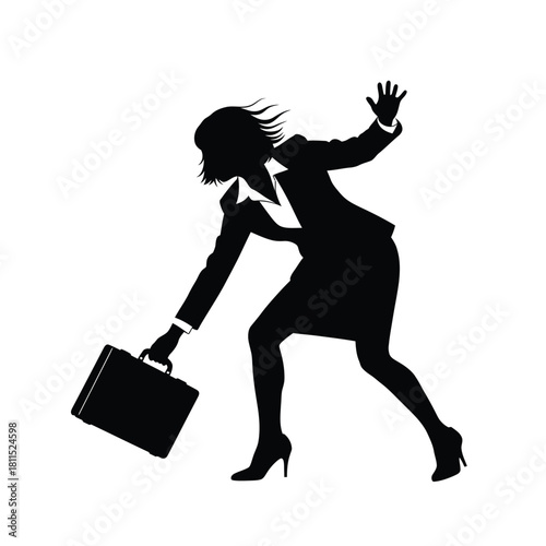 Silhouette of a determined businesswoman running with a briefcase, hair flying, on white background. isolated on white background, Vector, illustration