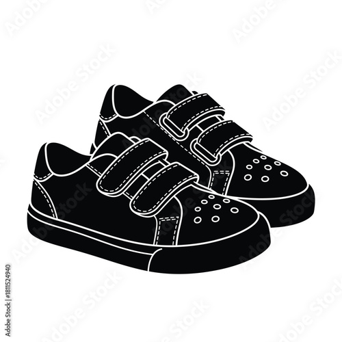 Pair of black sneakers with velcro straps for children, isolated on a white background, studio shot. isolated on white background, Vector, illustration