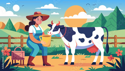 A woman is feeding a cow with a yellow bucket. The cow is black and white. The scene is set in a field with a fence in the background