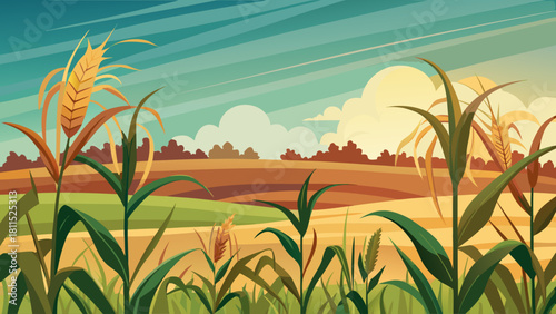 A field of corn with a blue sky in the background. The corn is tall and green