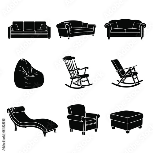 Collection of furniture silhouettes: sofas, armchairs, beanbag, chaise lounge, ottoman, and rocking chair. isolated on white background, Vector, illustration