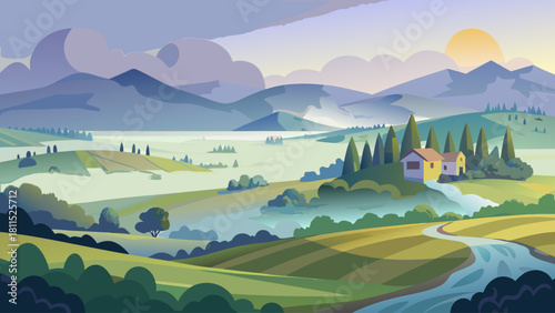 A beautiful landscape with a river running through it. The sky is cloudy and the sun is setting