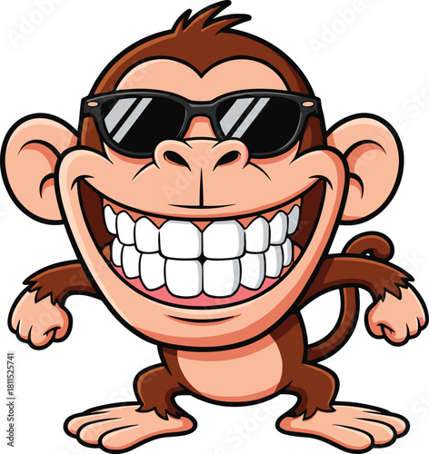 Cartoon monkey, big smile, wearing sunglasses, vector illustration, cheeky animal, playful pose, cool character, expressive face, jungle humor, fun clipart