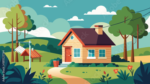 A house with a porch and a garden in front of it. The house is surrounded by trees and a path leads to it