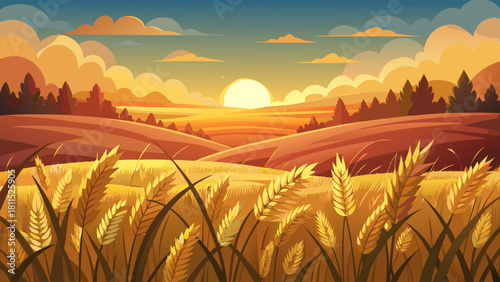 A beautiful landscape with a sun setting in the background. The sky is filled with clouds and the sun is setting in the distance. The field is filled with tall grass and trees