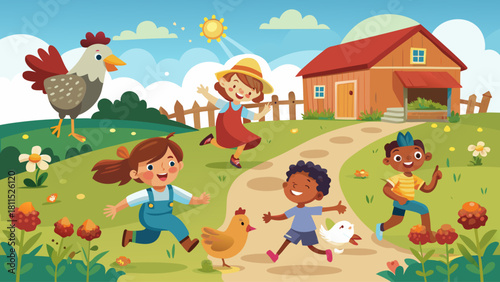A group of children are playing in a field with a chicken and a house in the background. The children are running and laughing, enjoying their time outdoors