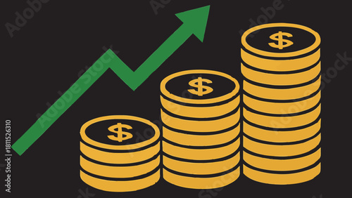 Financial Growth Rising Stacks of Coins with Upward Arrow Representing Profit Increase