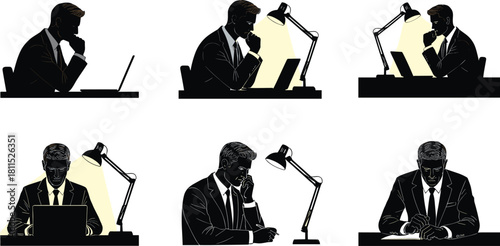 Man in suit, desk work, laptop, writing, thinking, office lighting, concentration, professional posture, business task, workspace, silhouette, illustration, productivity, corporate setting, desk lamp