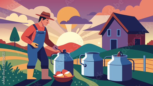 A man is working in a field with three large metal containers. The scene is set in a rural area with a sunset in the background