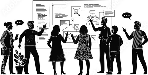 Teamwork, brainstorming, black and white, illustration, strategy, planning, collaboration, flowcharts, diagrams, communication, speech bubbles, professionals, project management, software design
