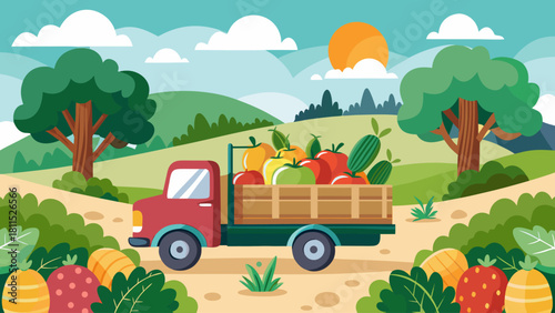 A red truck is driving down a road with a trailer full of fruit. The truck is surrounded by trees and the sky is blue