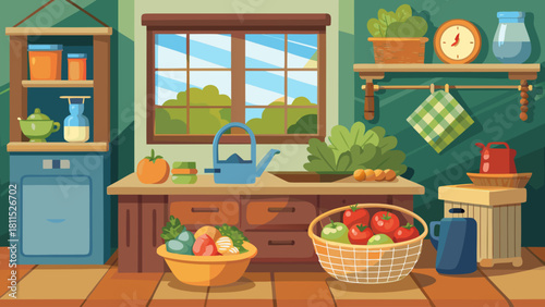 A kitchen with a window and a clock on the wall. There are several fruits and vegetables on the counter, including apples, carrots, and tomatoes