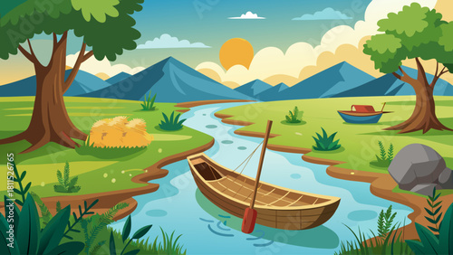 A boat is floating down a river in a lush green forest. The scene is peaceful and serene, with the sun shining brightly in the background