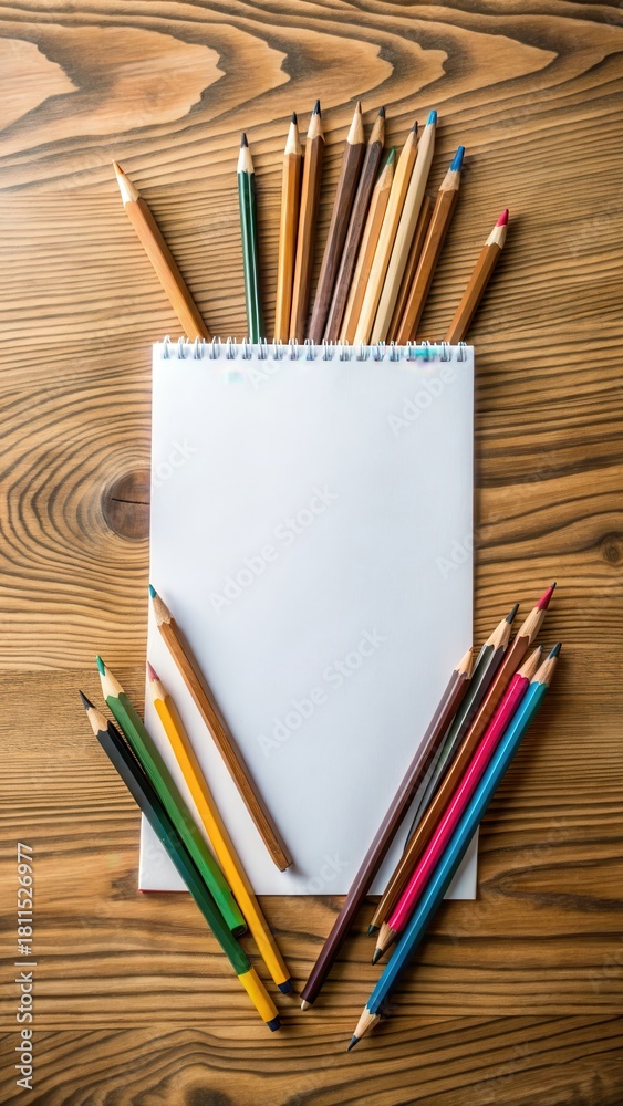Obraz premium Wooden table with scattered pencils and blank paper