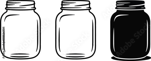 Three stylized glass bottles one filled with dark liquid